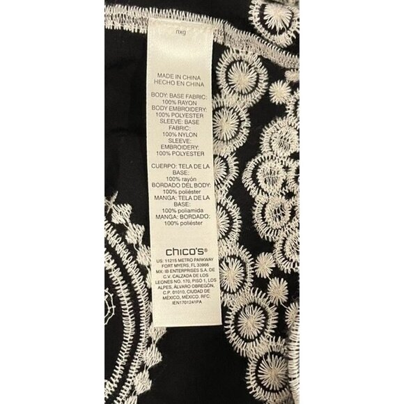 Chicos Embroidered Black White‎ Paisley Sheer Top Sz 12/14   Boho Chic Dressy - Picture 8 of 9
